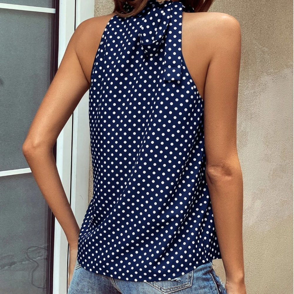 Polka Dot Print Mock Neck Tie Blouse Blue - Picture 3 of 5